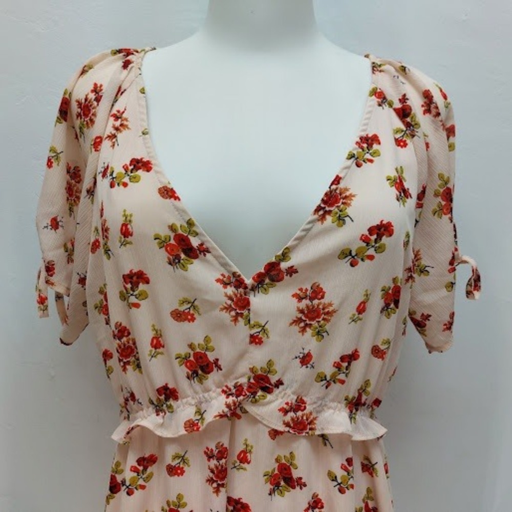 Madewell Floral Midi Dress Women's Size 12 Pink Tie Ruffle V-Neck Cottagecore - Picture 5 of 11
